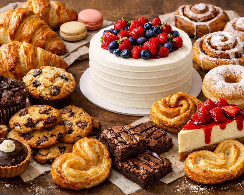 Bakery items including cakes, cupcakes, brownies, cookies and pastries